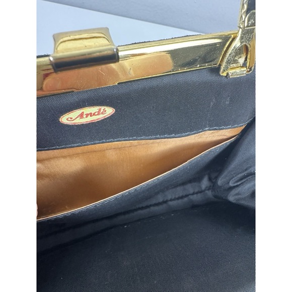 Vtg 1960s Ande Black Fabric Evening Bag Gold Frame Top Handle Clutch - Picture 8 of 16